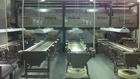 A kernel sorting line with overhead signs for each kernel style